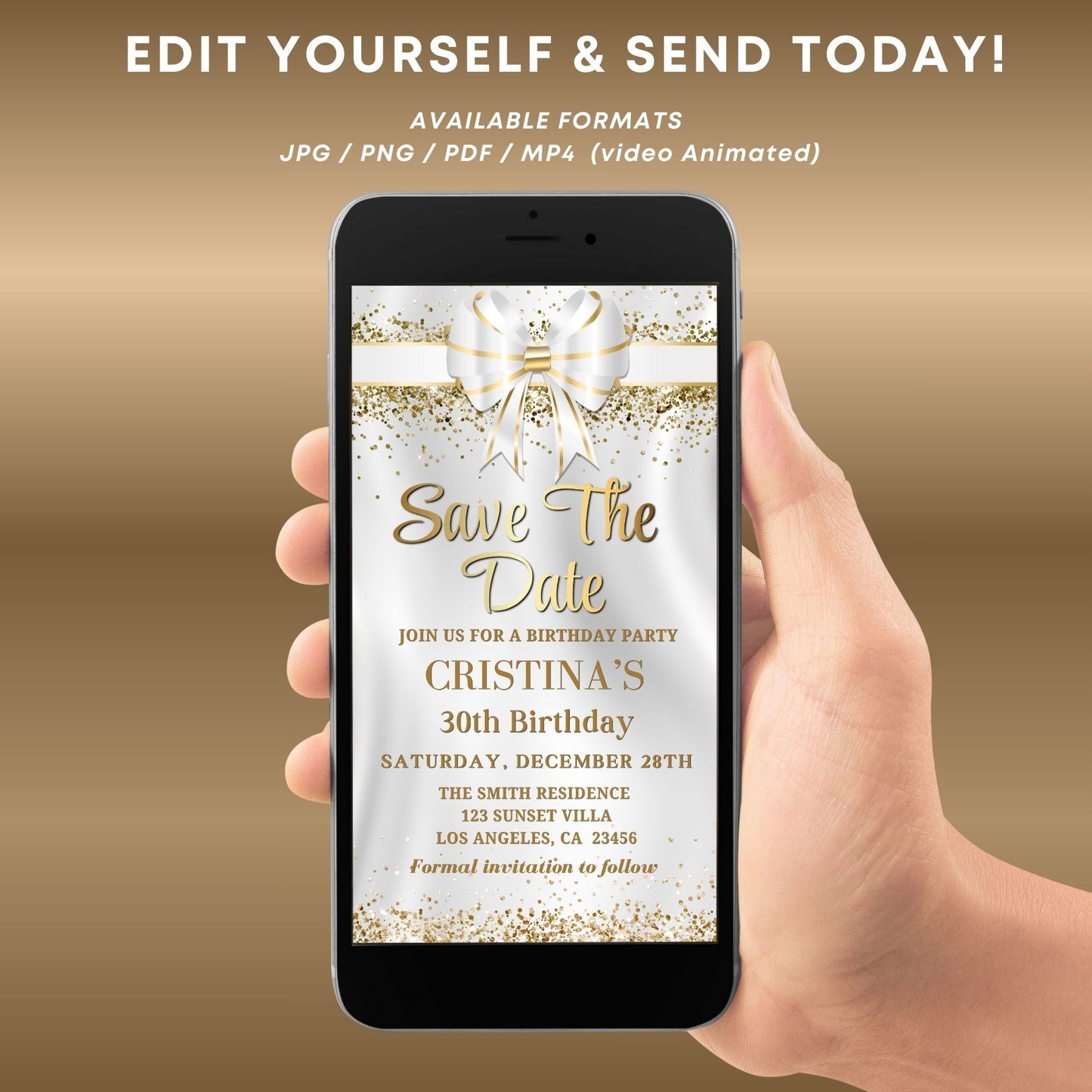 Elegant White Gold Bow Save the Date Birthday Invitation