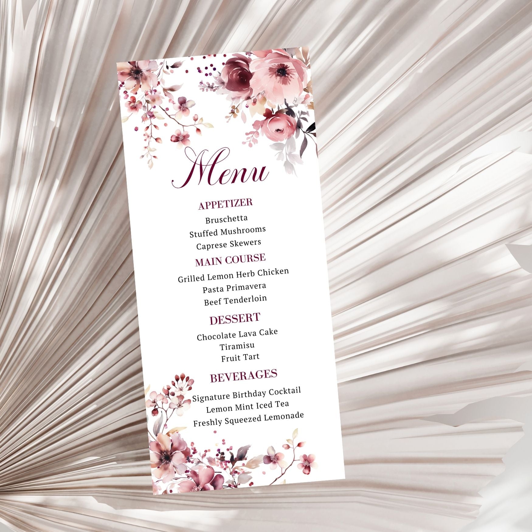 Charming Winter Floral Menu Card in Burgundy & Blush Pink