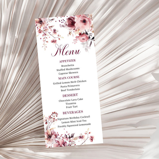 Charming Winter Floral Menu Card in Burgundy & Blush Pink