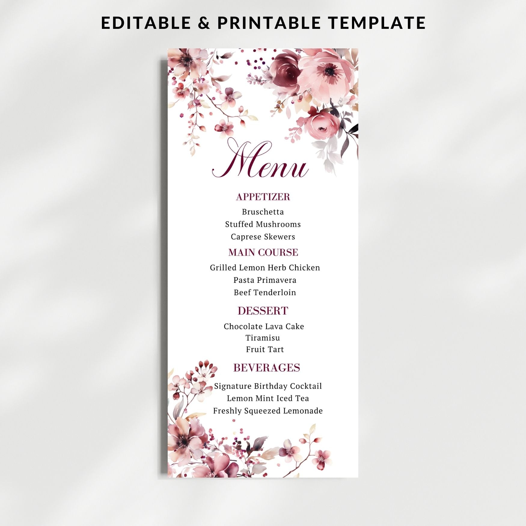 Charming Winter Floral Menu Card in Burgundy & Blush Pink