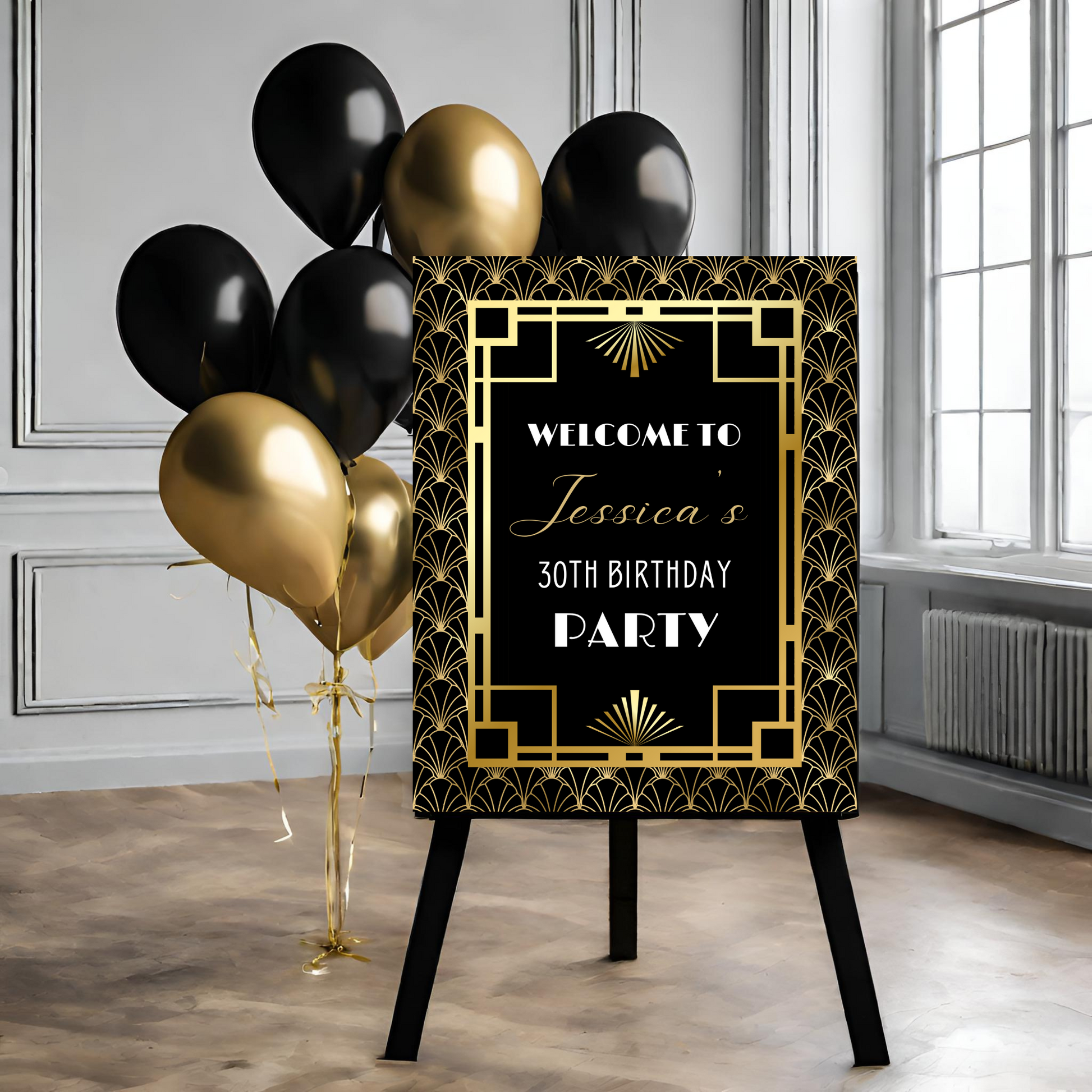 Decorative Black and Gold Art Deco sign for a birthday party with balloons in a room.