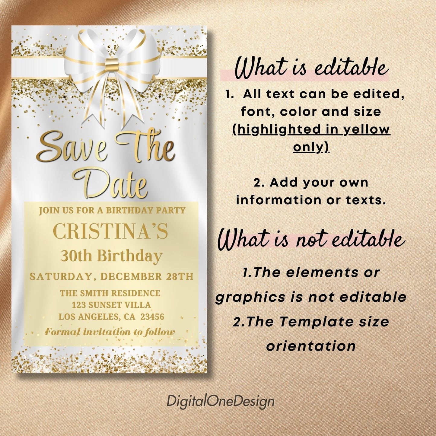 Elegant White Gold Bow Save the Date Birthday Invitation