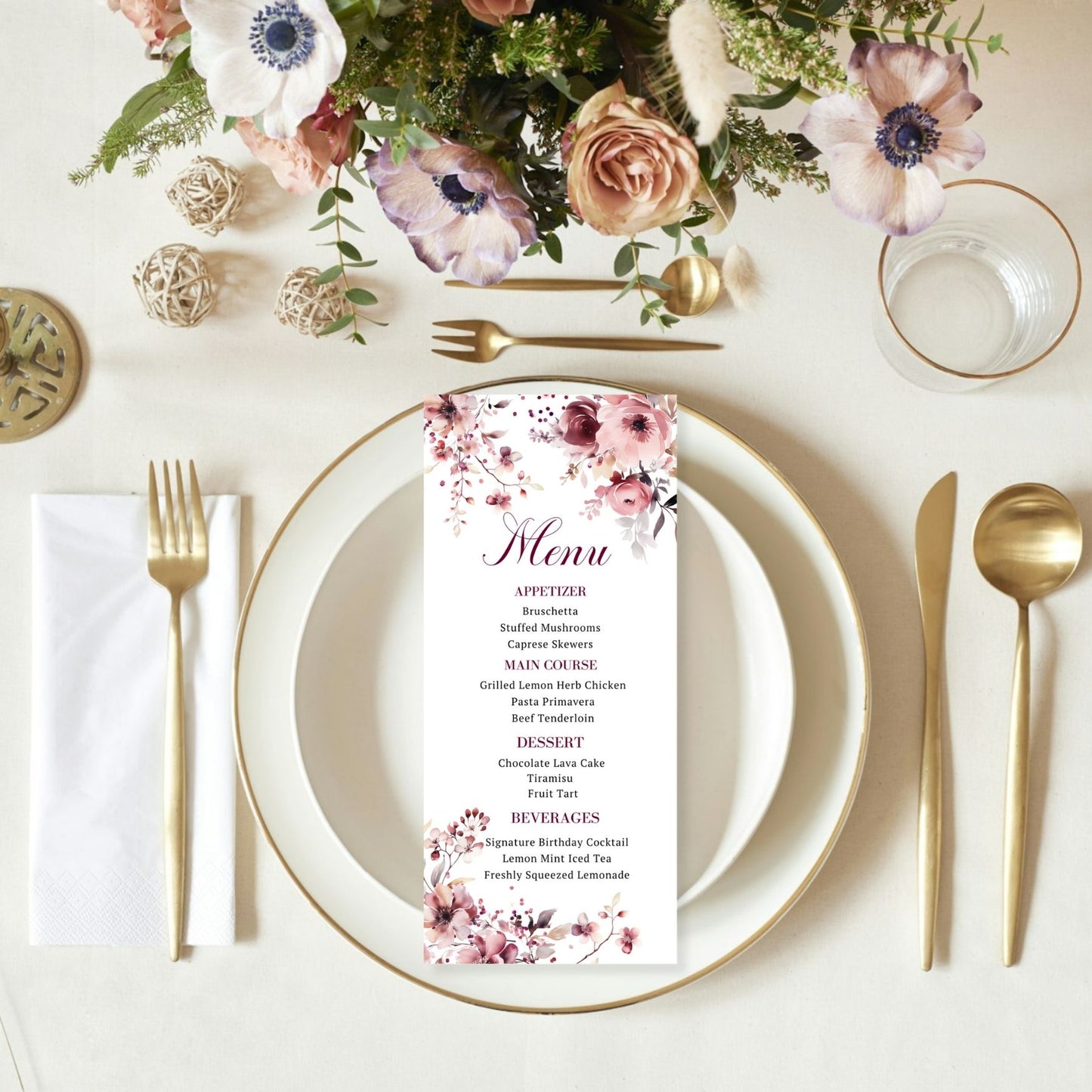 Charming Winter Floral Menu Card in Burgundy & Blush Pink