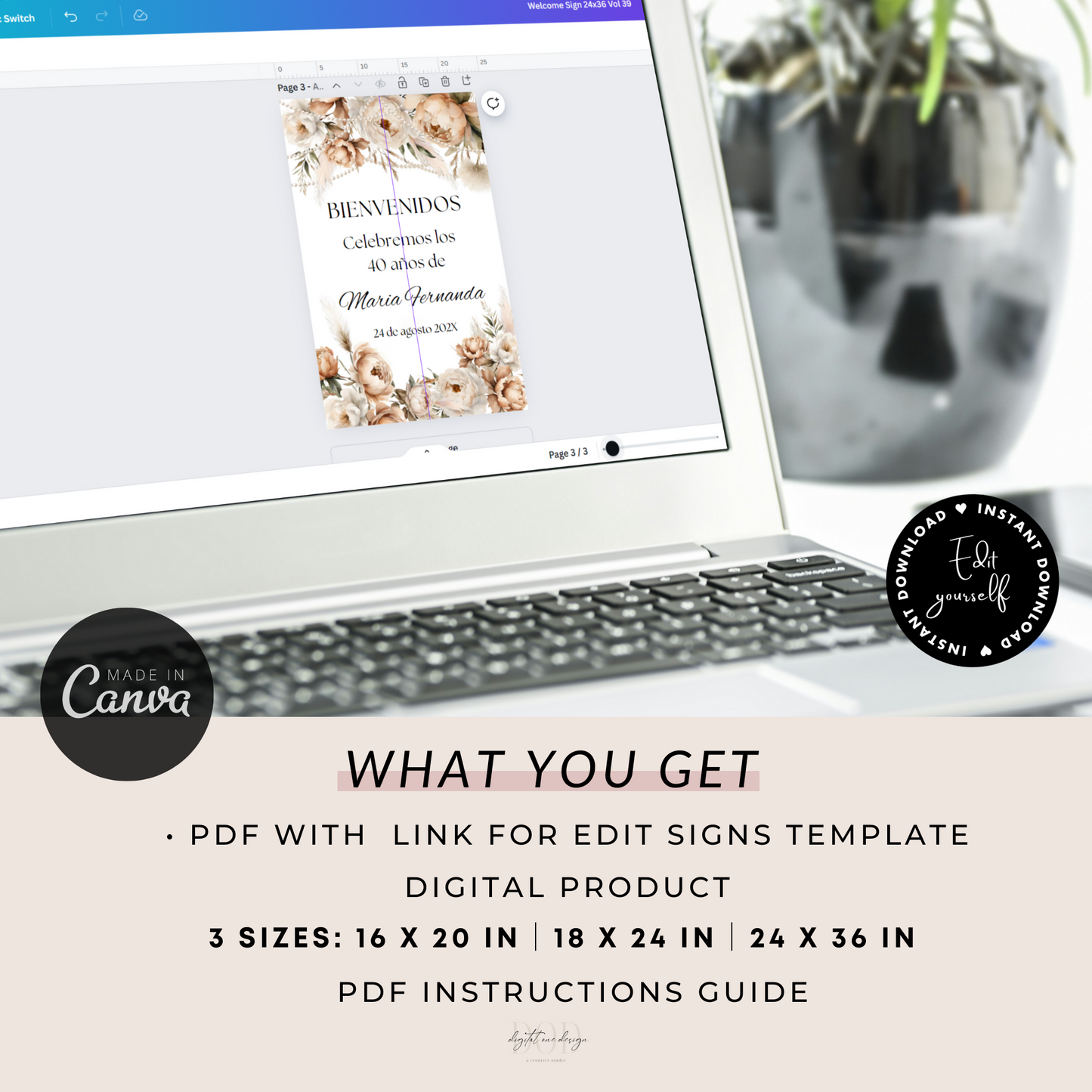 Spanish Watercolor Floral Boho Birthday Party Welcome Sign displayed on a laptop with design options and sizes listed.