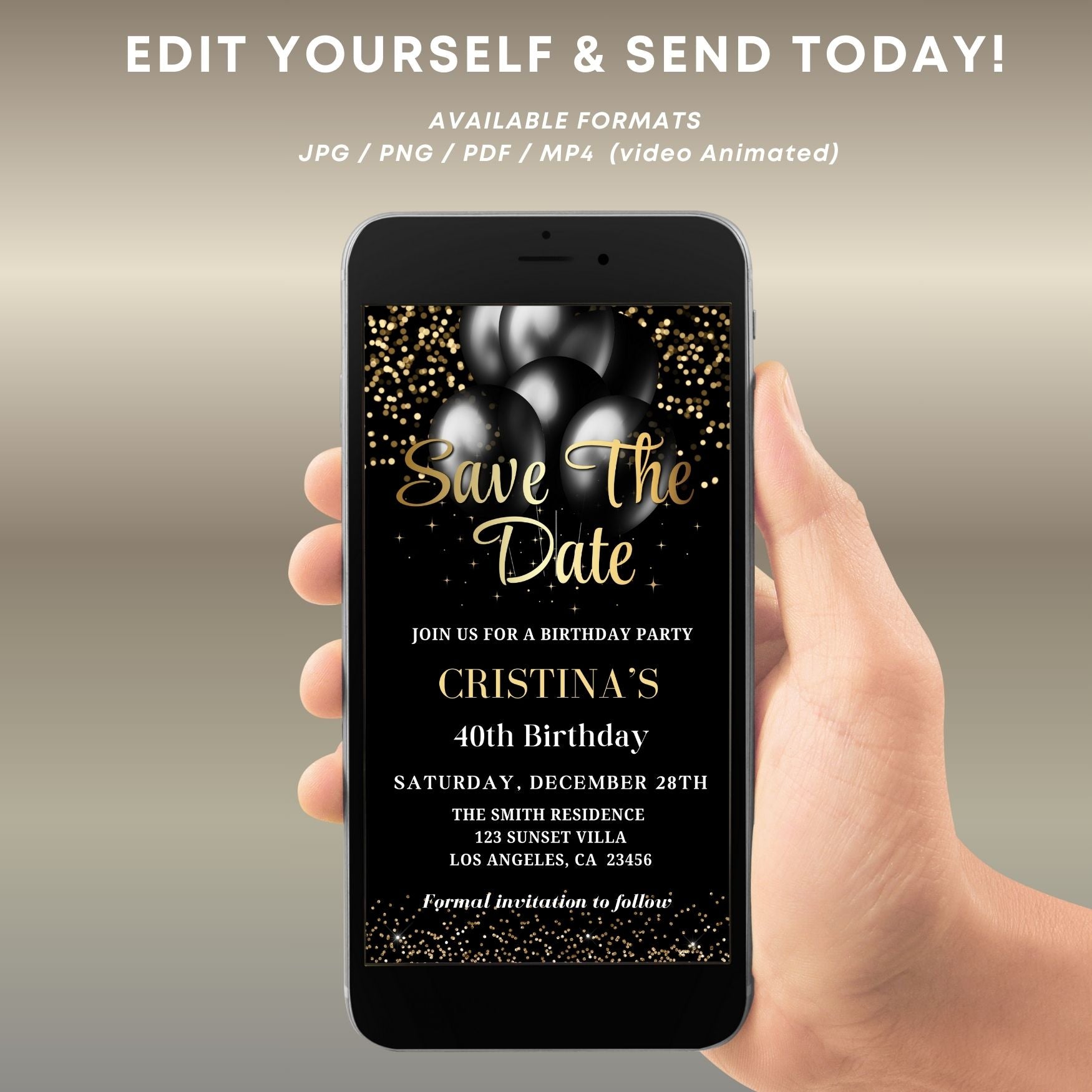 Elegant Black Gold Save the Date Birthday Party Invitation