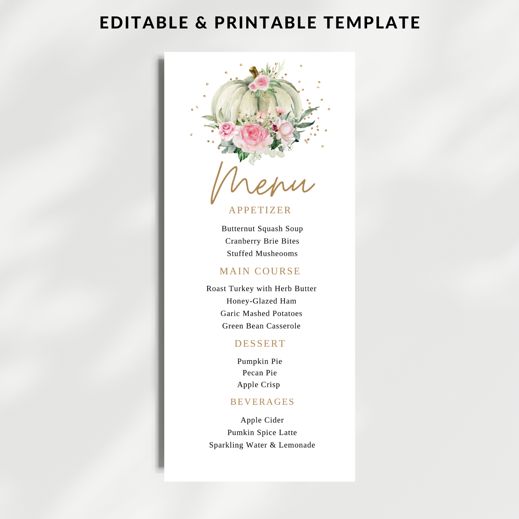 White Pumpkin Menu template with floral design on a white background