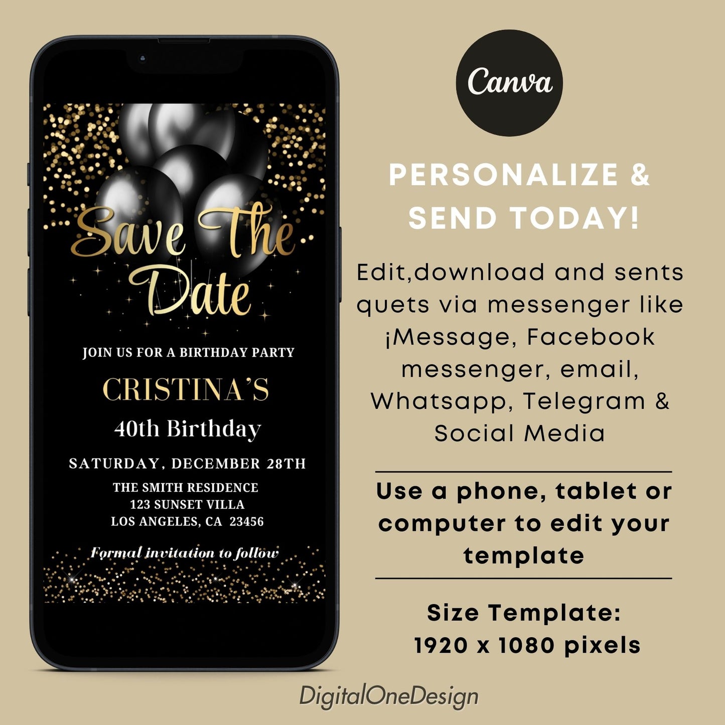 Elegant Black Gold Save the Date Birthday Party Invitation