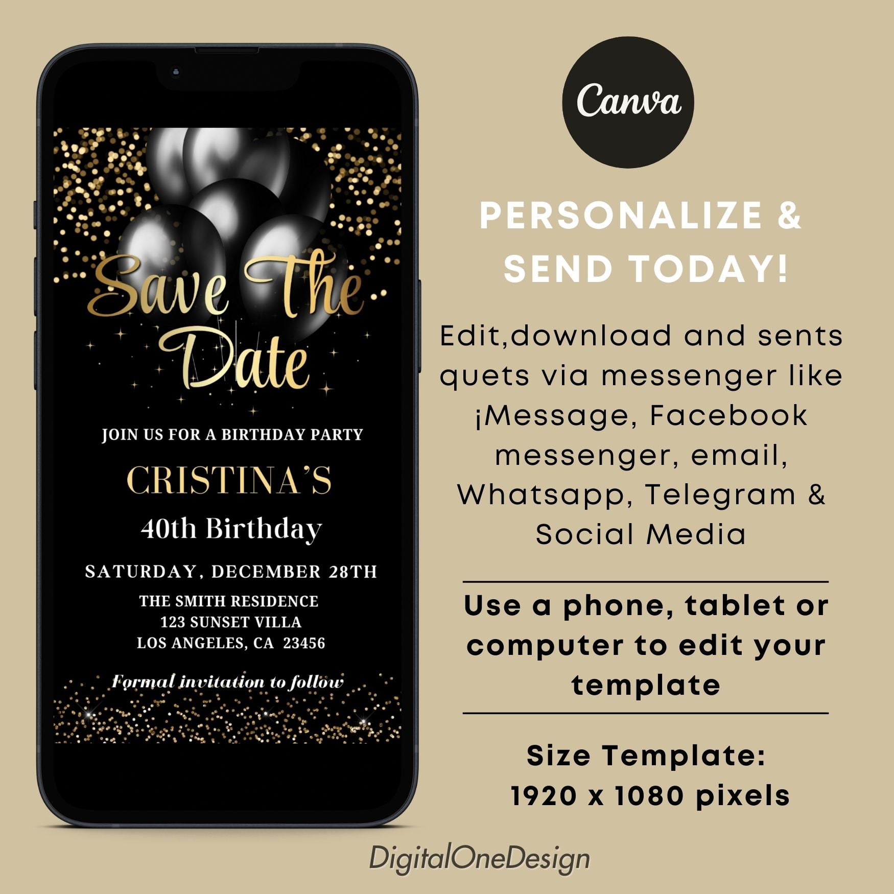 Elegant Black Gold Save the Date Birthday Party Invitation