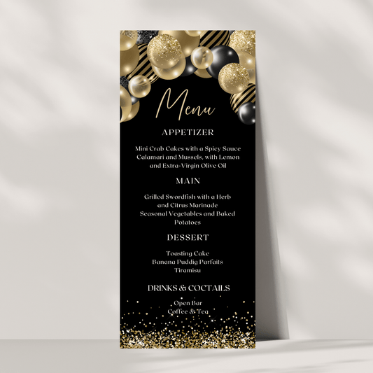Editable Dinner Party Menu Template, Black & Gold Balloons Theme, Printable Menu Card for Graduation, Birthday, or Celebration