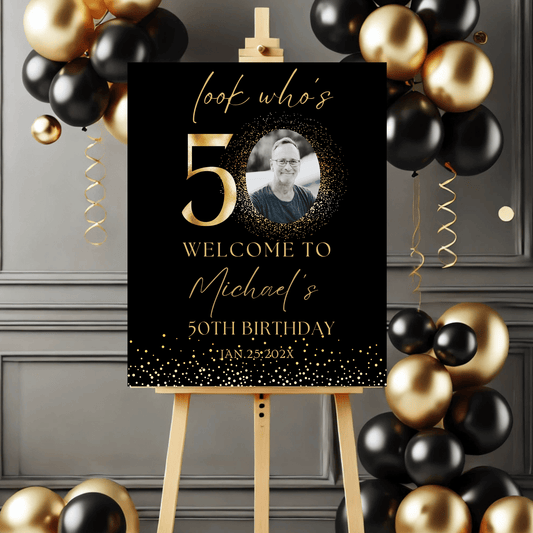 Editable 50th Birthday Welcome Sign, Black & Gold Elegant Photo Poster, Look Who’s 50, Instant Download Entryway Decor