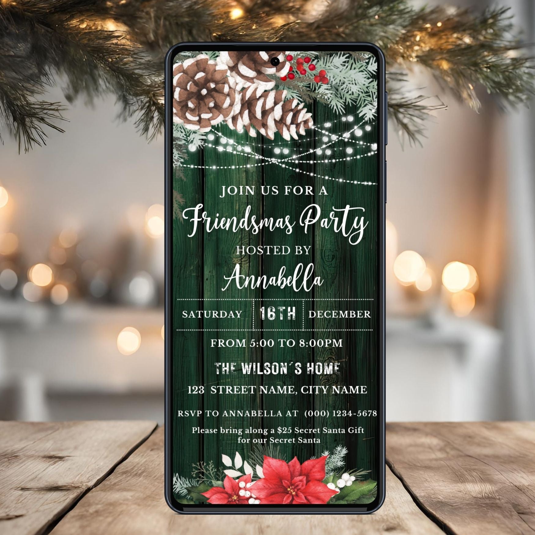 Phone screen displaying a Rustic Christmas party invitation with decorative elements on a wooden table.