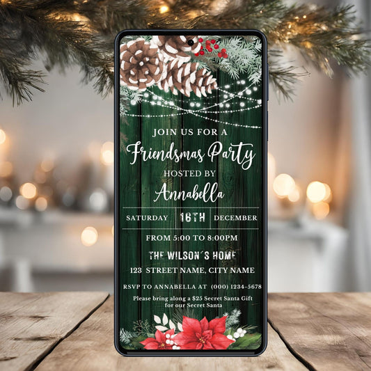 Phone screen displaying a Rustic Christmas party invitation with decorative elements on a wooden table.