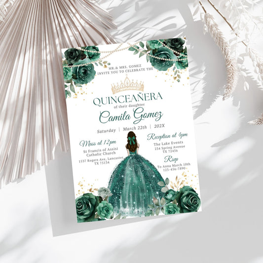 Quinceañera invitation with Emerald Green dress and flowers on a white background