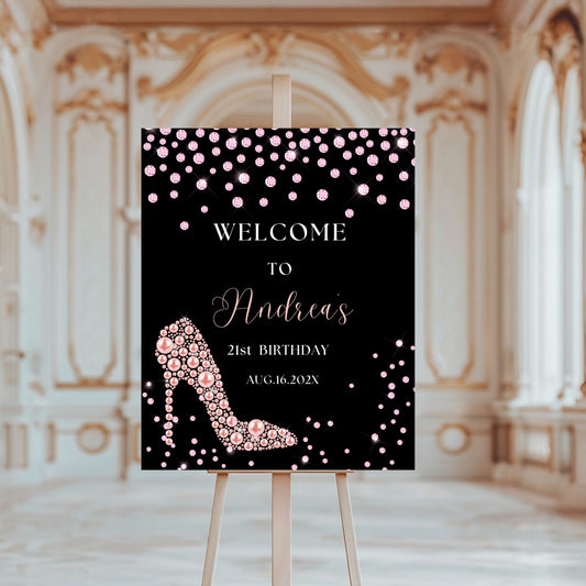 Chic Pink Diamond & High Heel Pearls Welcome sign