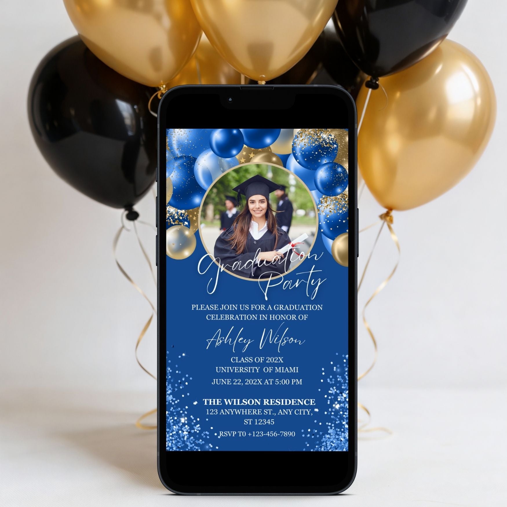 Royal Blue and Gold Graduation Party Photo Invitation
