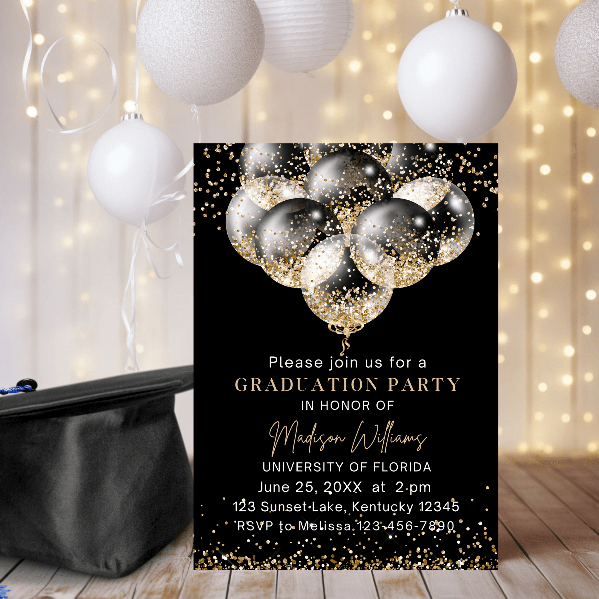 Elegant Black & Gold Graduation Party Invite