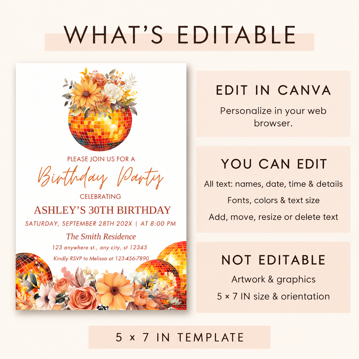 Fall floral disco ball birthday Party Invitation featuring vibrant florals and disco ball design for a stylish celebration.