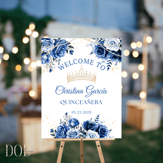 Royal Blue Floral Quinceanera Welcome Sign