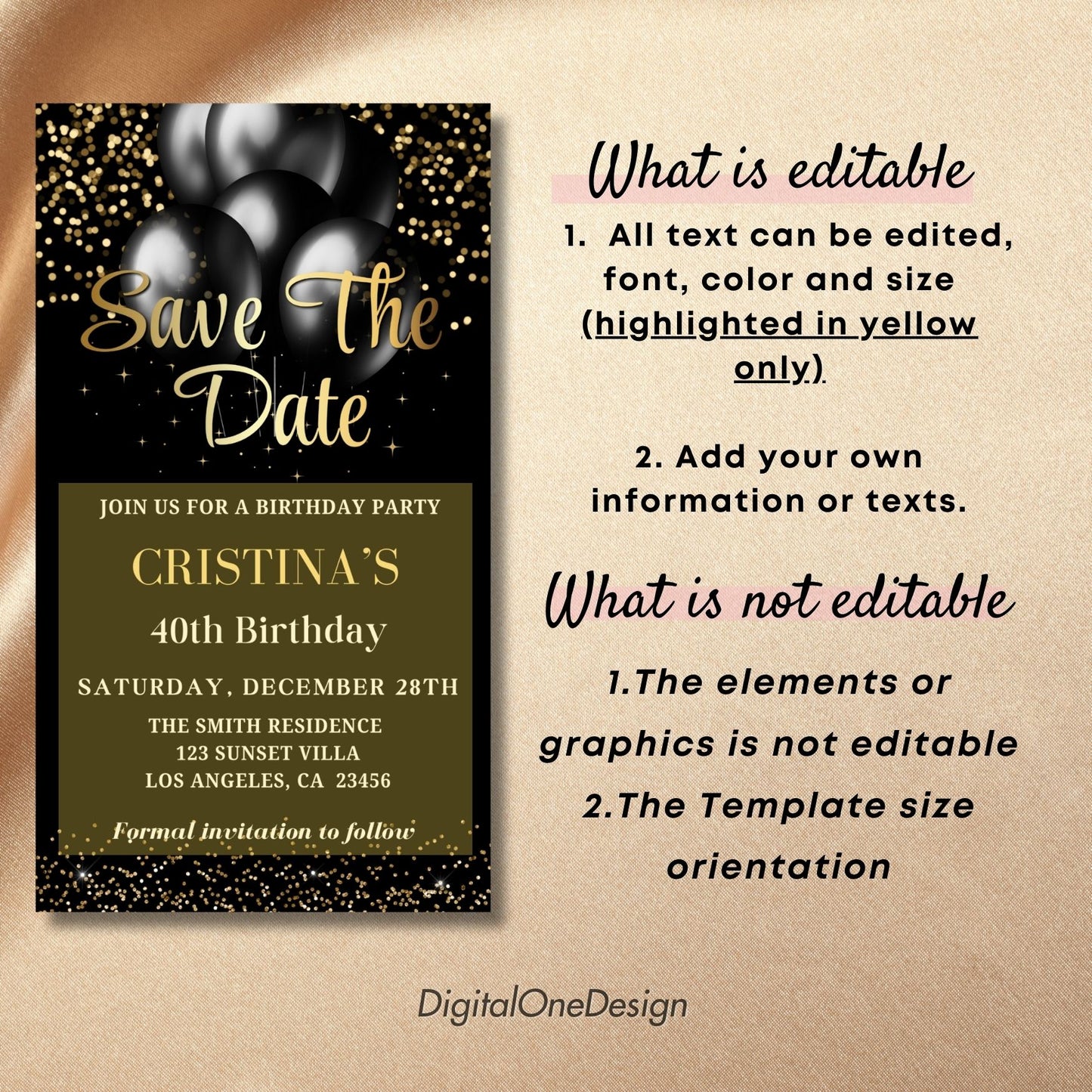 Elegant Black Gold Save the Date Birthday Party Invitation