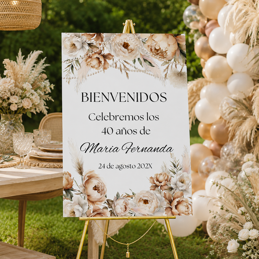 Spanish Watercolor Floral Boho Birthday Party Welcome Sign for Maria Fernanda's 40th birthday celebration on August 24, 2022.