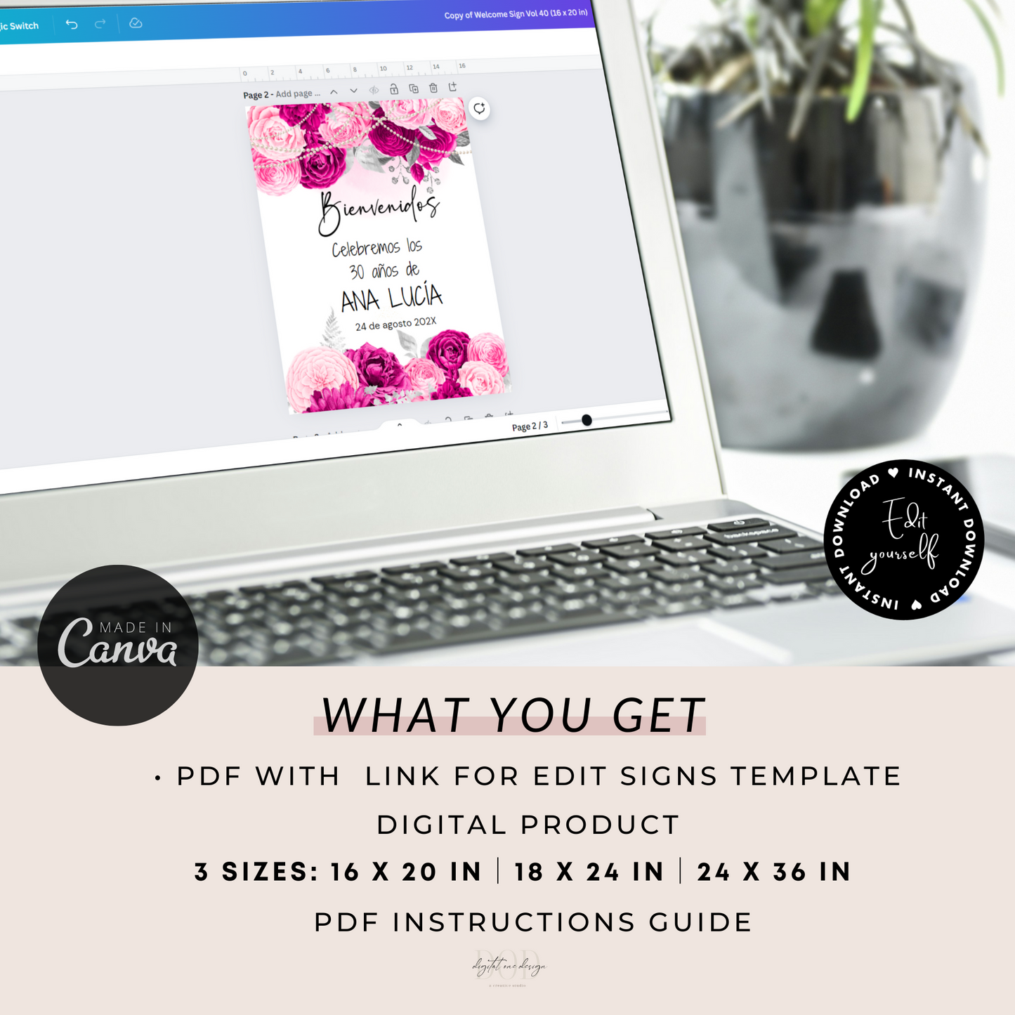 Spanish Birthday Pink & Fuchsia Floral Welcome Sign displayed on a laptop screen with editing options and sizes.
