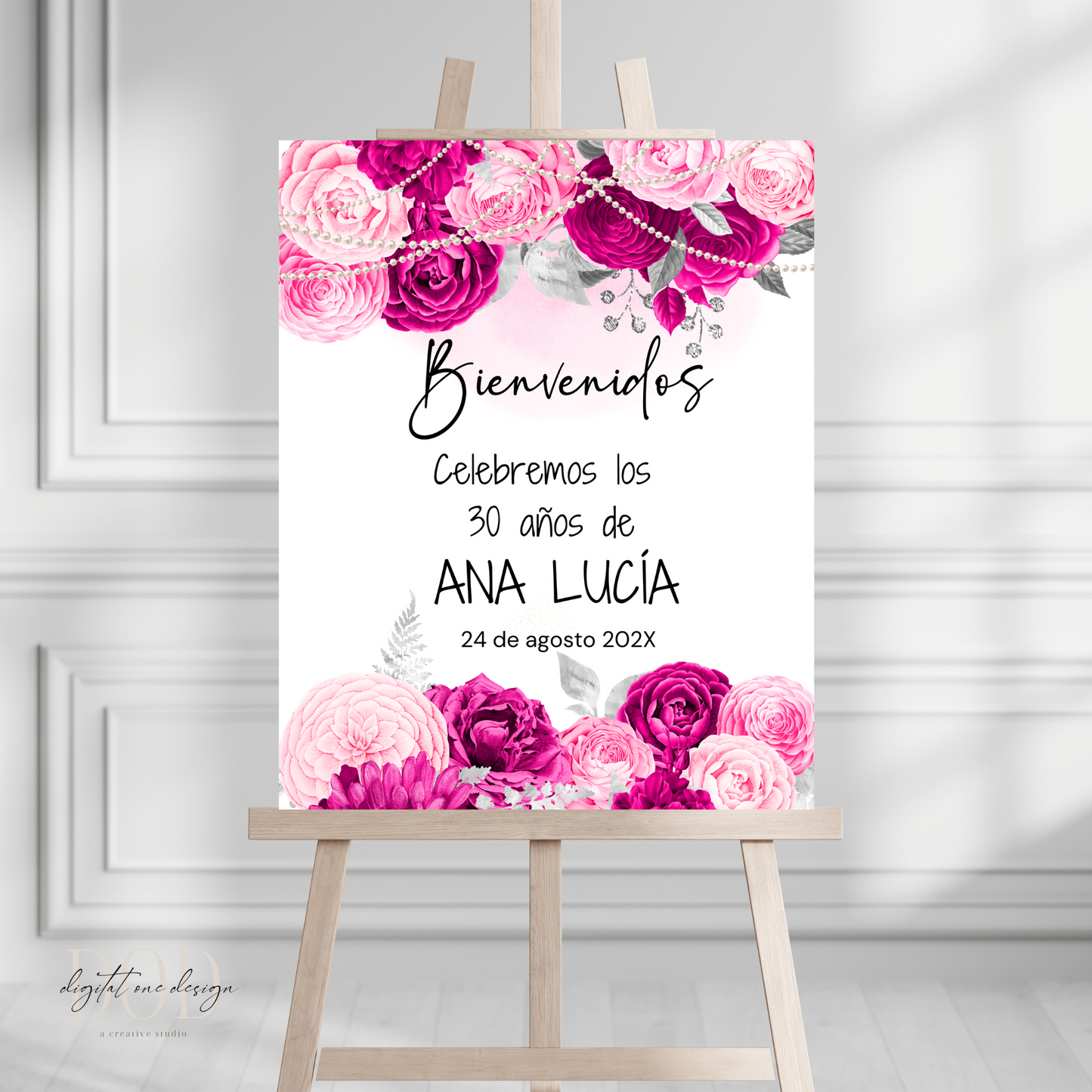 Spanish Birthday Pink & Fuchsia Floral Welcome Sign with flowers and festive text for a birthday celebration.