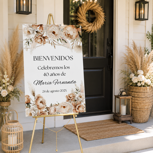 Spanish Watercolor Floral Boho Birthday Party Welcome Sign displayed outdoors for a birthday celebration.