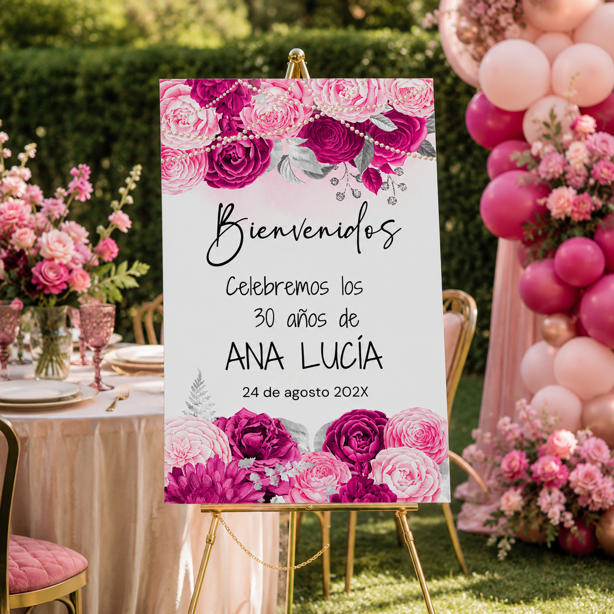 Spanish Birthday Pink & Fuchsia Floral Welcome Sign with floral design for 30th birthday celebration.
