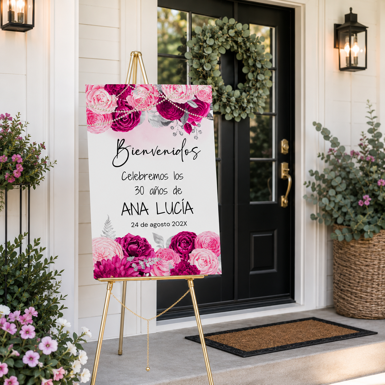 Spanish Birthday Pink & Fuchsia Floral Welcome Sign at a stylish outdoor entrance with flowers.