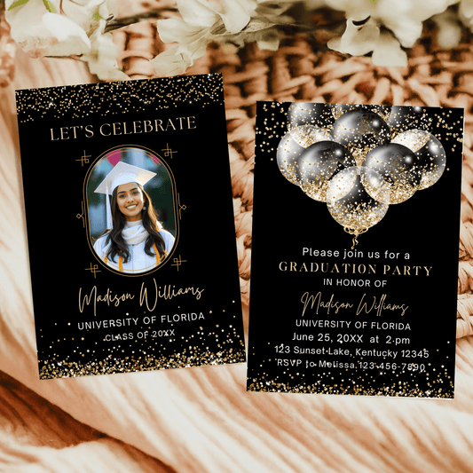 Black and Gold Balloons graduation Party Invitation Template