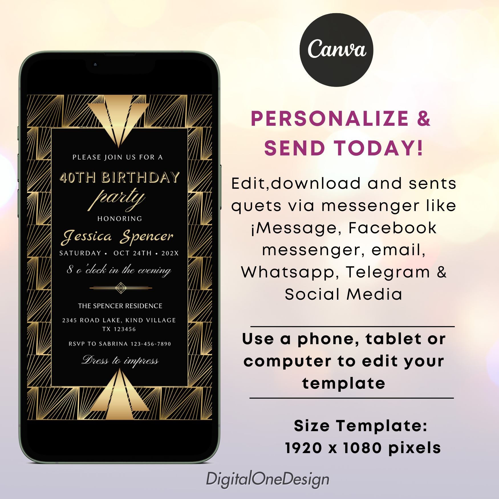 Editable Art Deco Invite in Gold & Black