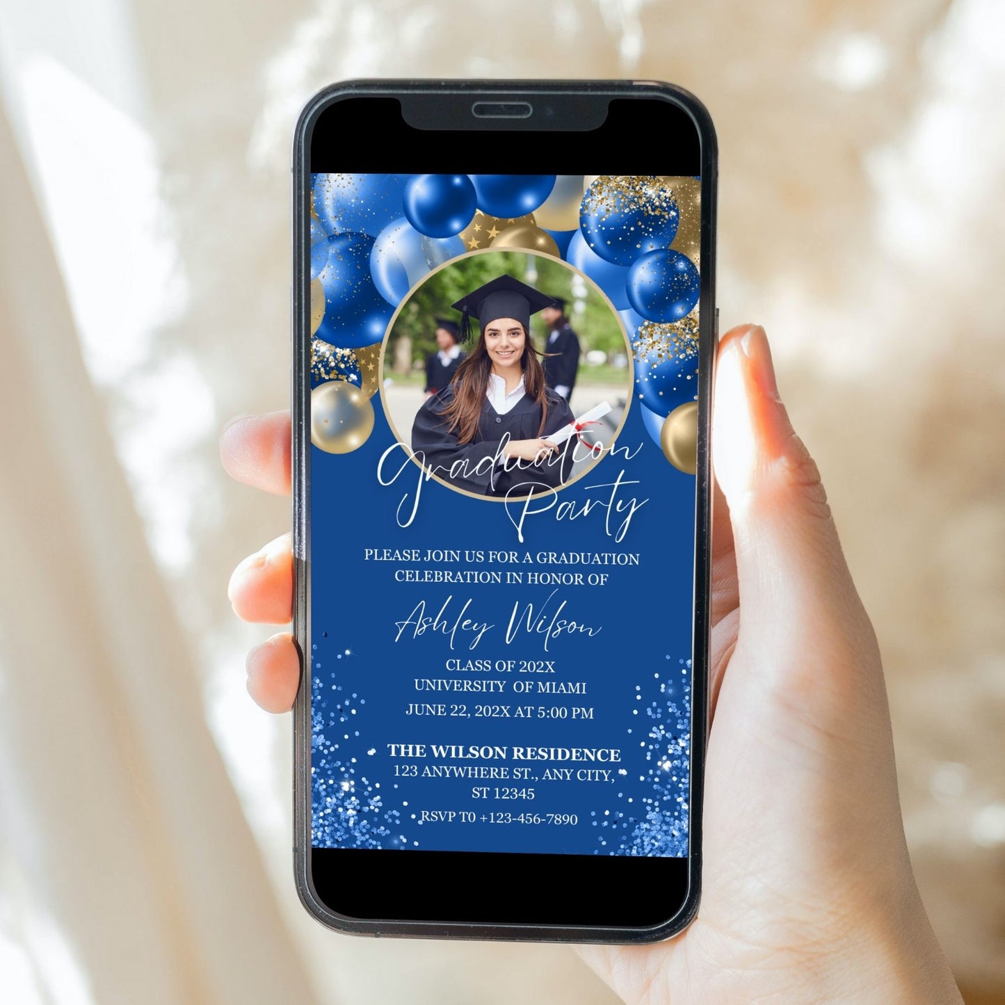 Royal Blue and Gold Graduation Party Photo Invitation