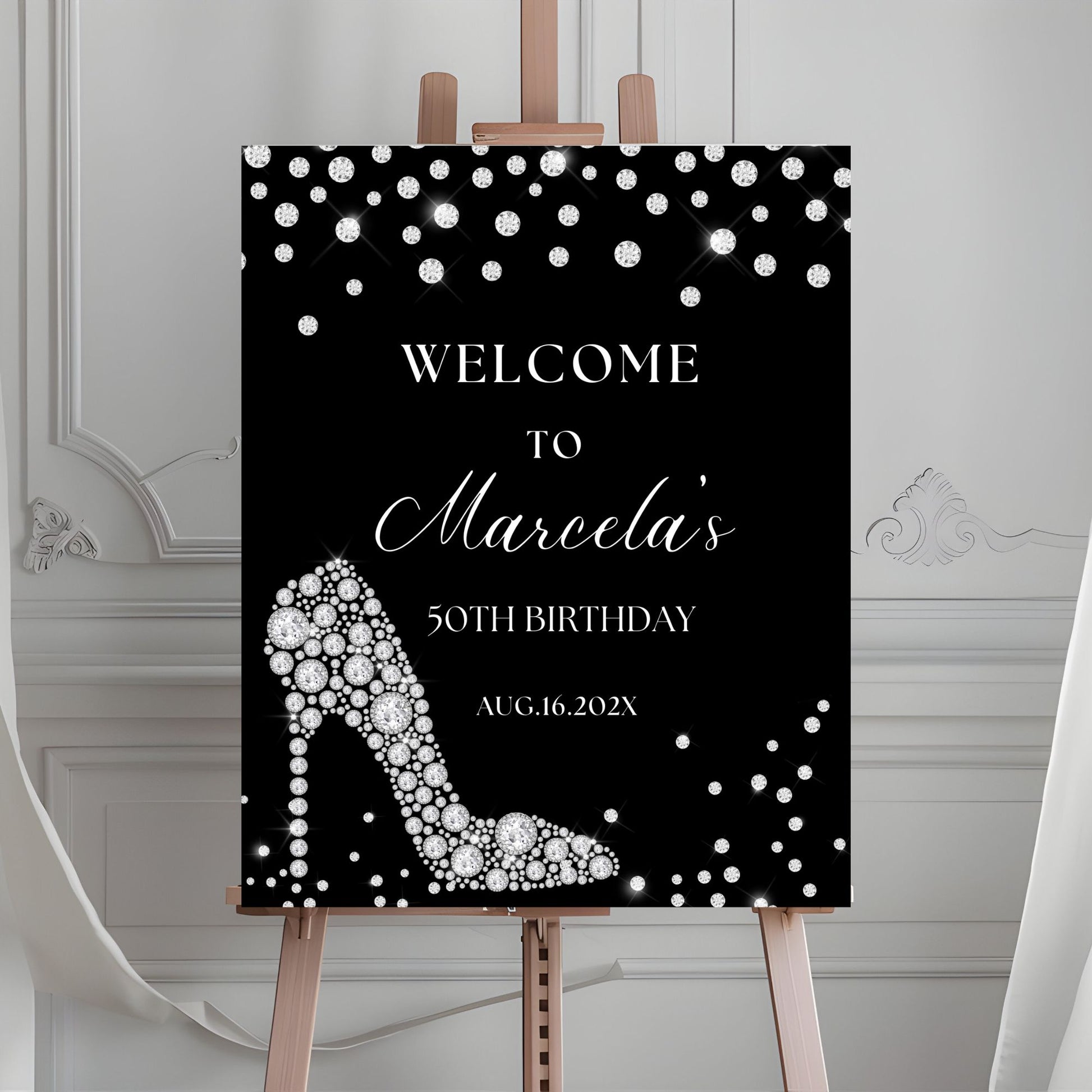 Elegant High Heel & Diamond Birthday Welcome Sign