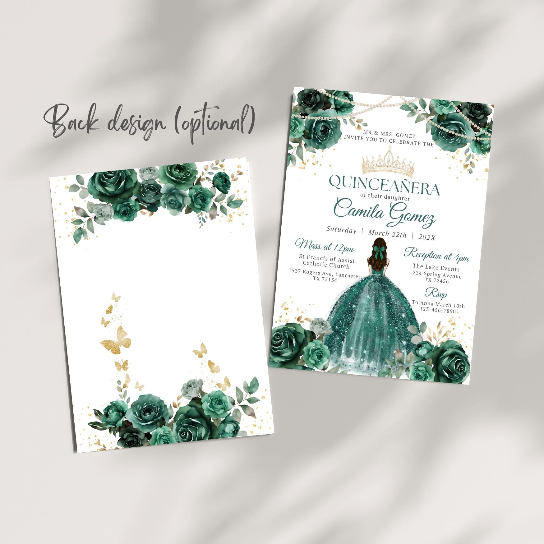 Quinceanera invitation with green floral and pearls design on a gray background