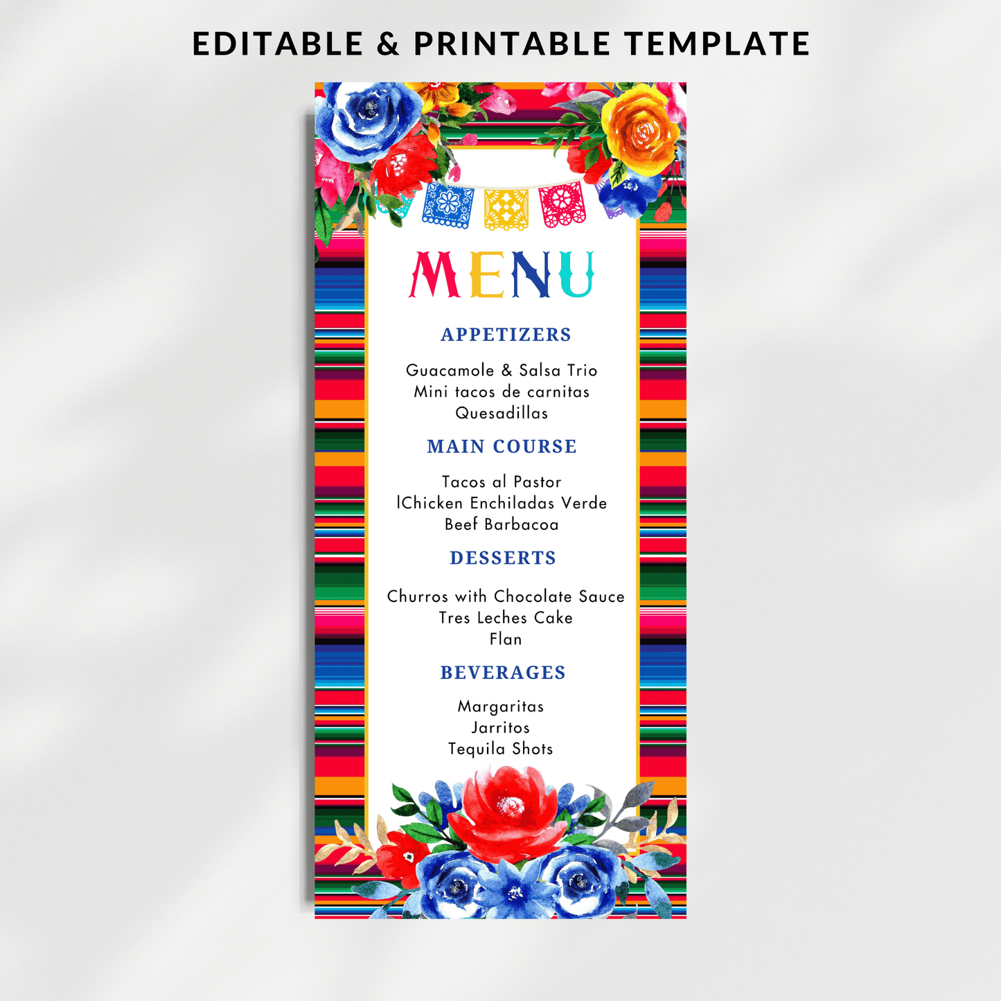 Editable Mexican Serape Floral Menu Card