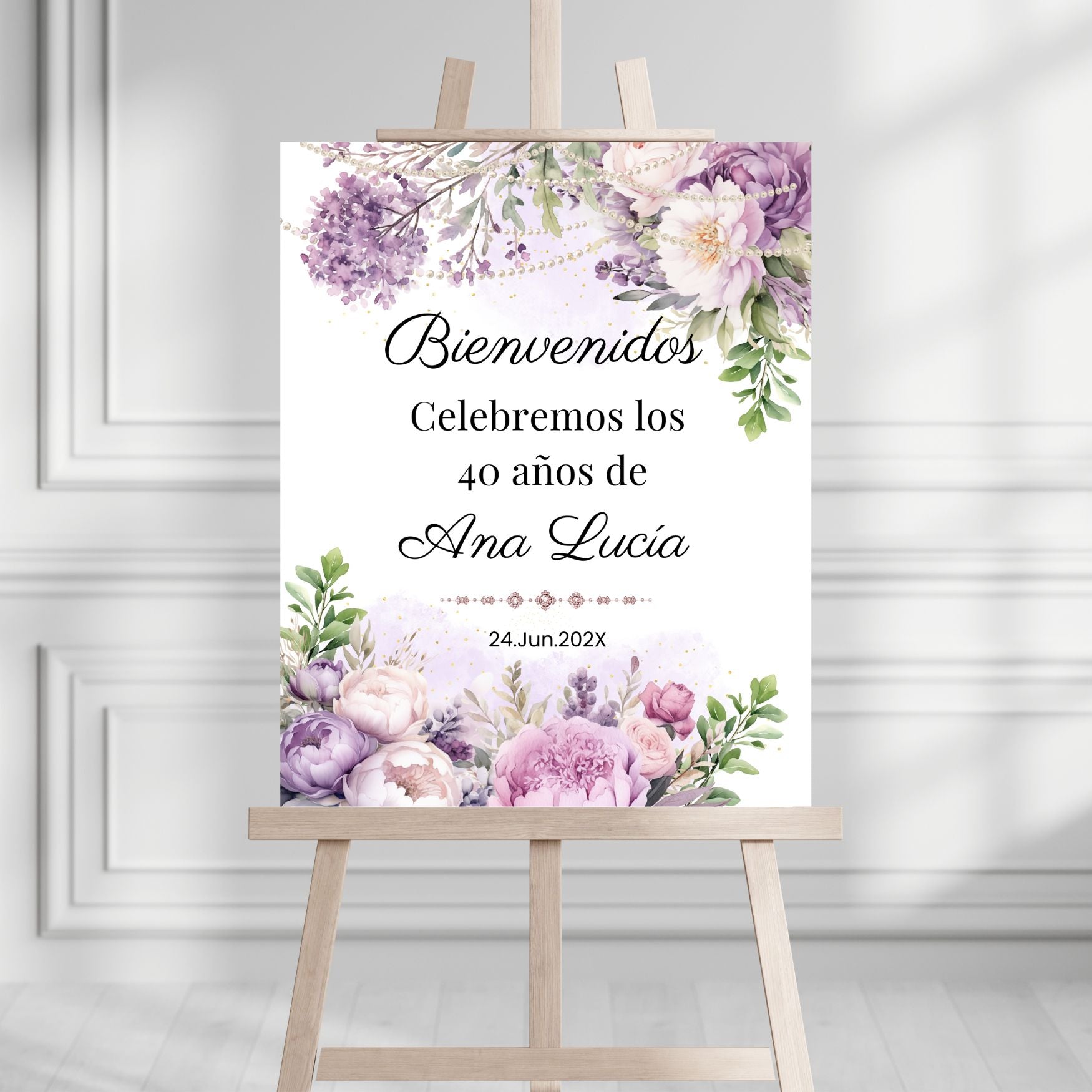 Elegant Spanish Welcome Sign with Purple Florals & Pearls