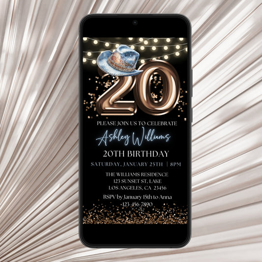 Western Blue Hat & Bronze 20th Birthday Digital Invite