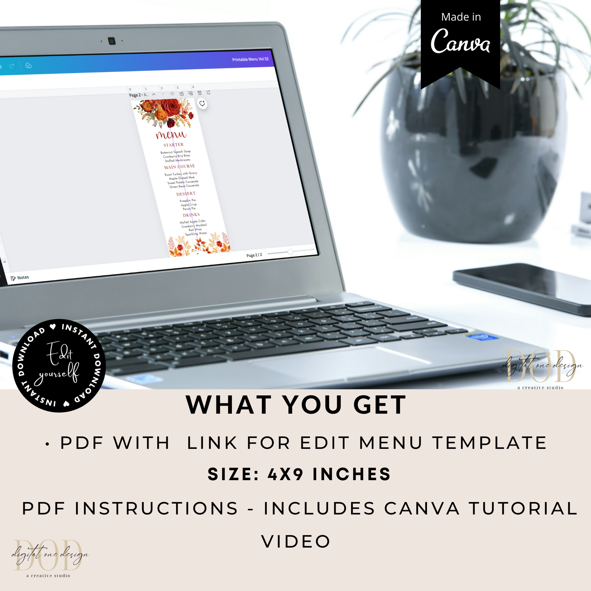 Laptop displaying a menu template with a plant and phone in the background, featuring Canva branding.