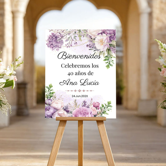 Elegant Spanish Welcome Sign with Purple Florals & Pearls