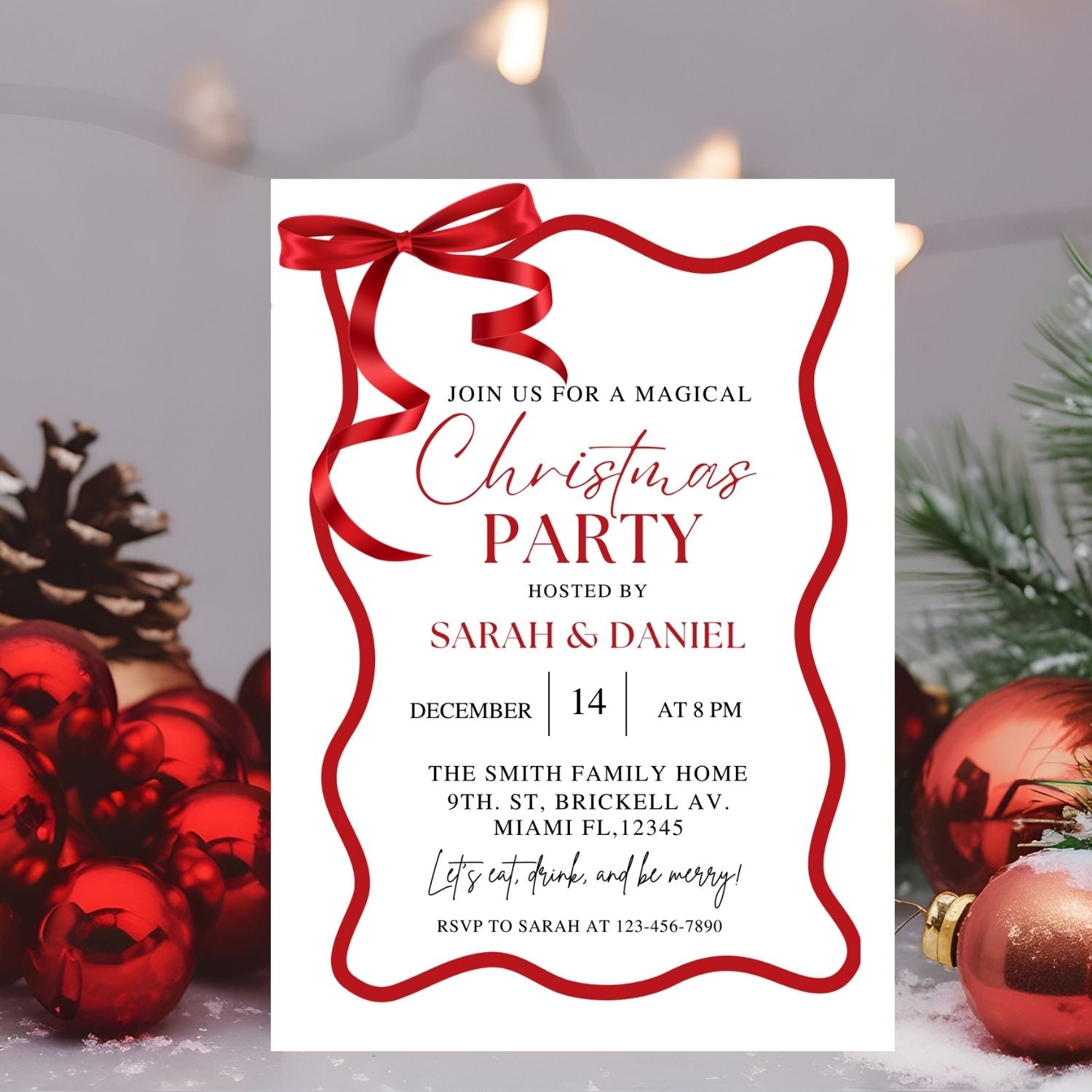 Red wave Christmas party invitation with red ribbon and festive decorations