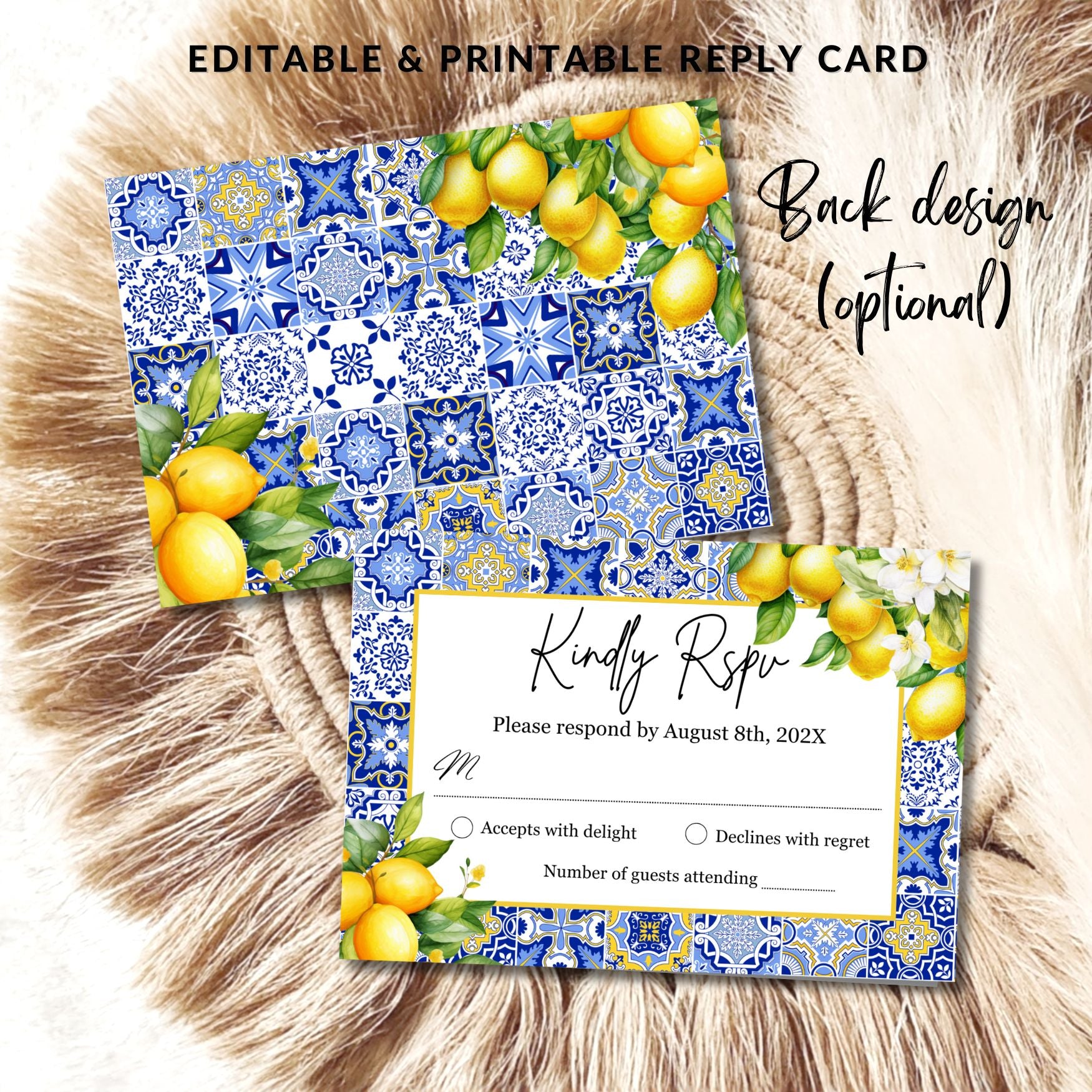 Editable and printable reply card with blue tile and lemon design on a textured surface