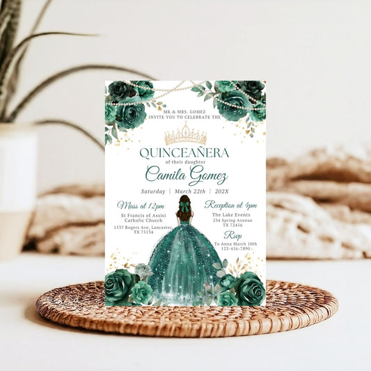 Quinceanera invitation card with Green Emerald dress and floral design 