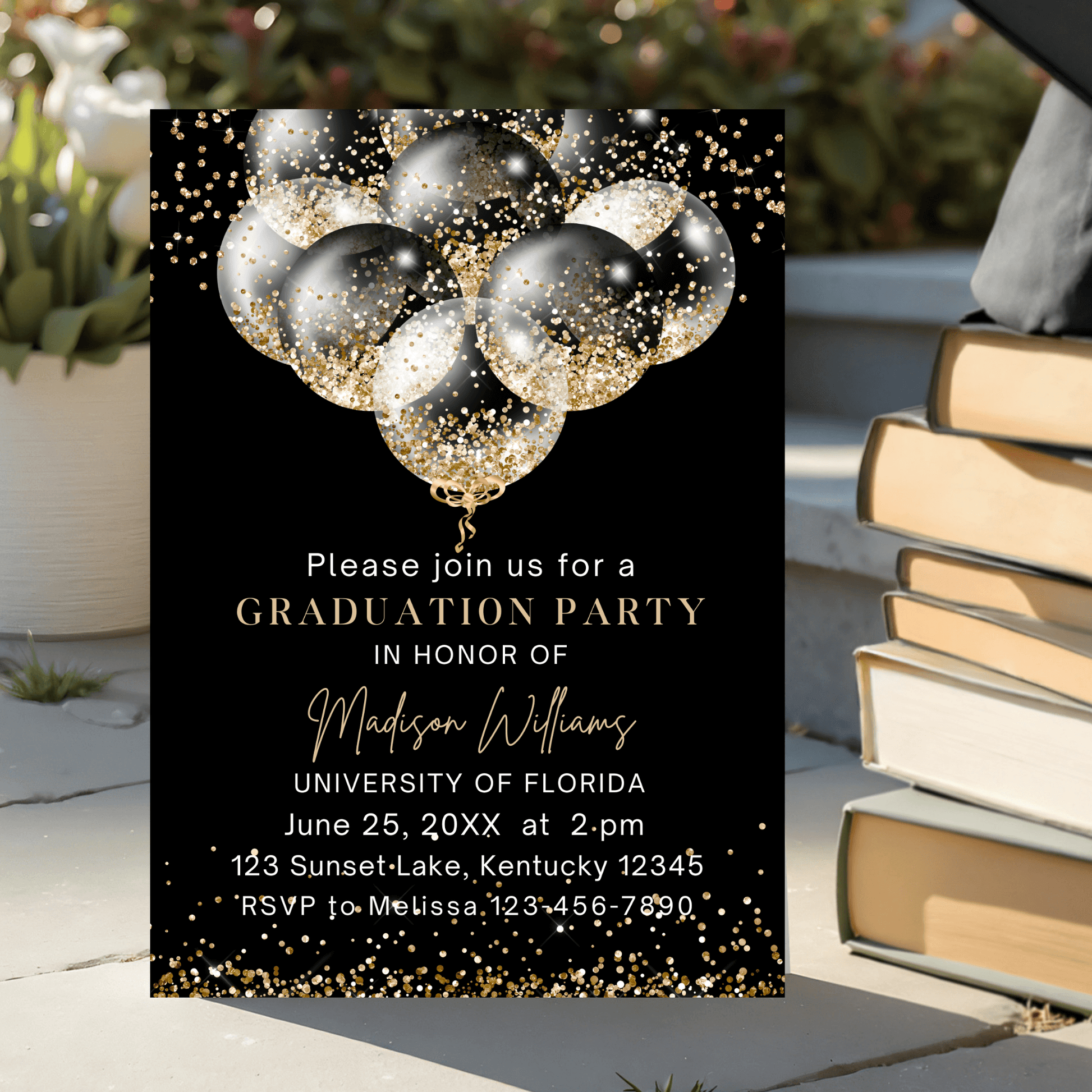 Luxury Black and Gold Glitter Graduation Party Invitation