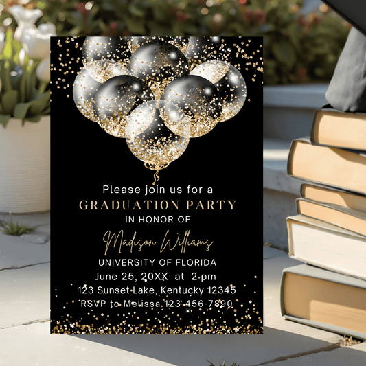 Luxury Black and Gold Glitter Graduation Party Invitation