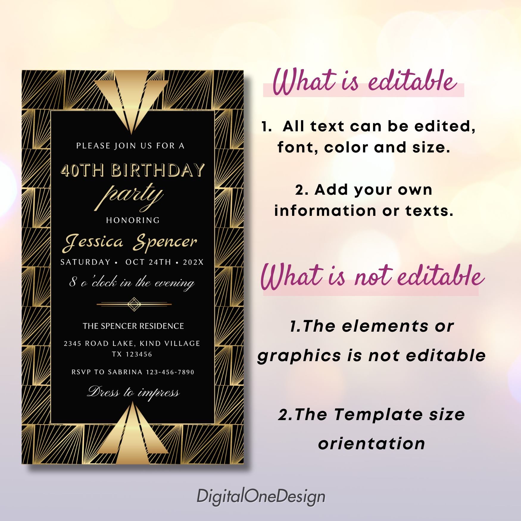 Editable Art Deco Invite in Gold & Black