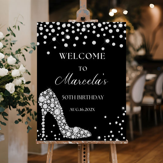 Elegant High Heel & Diamond Birthday Welcome Sign
