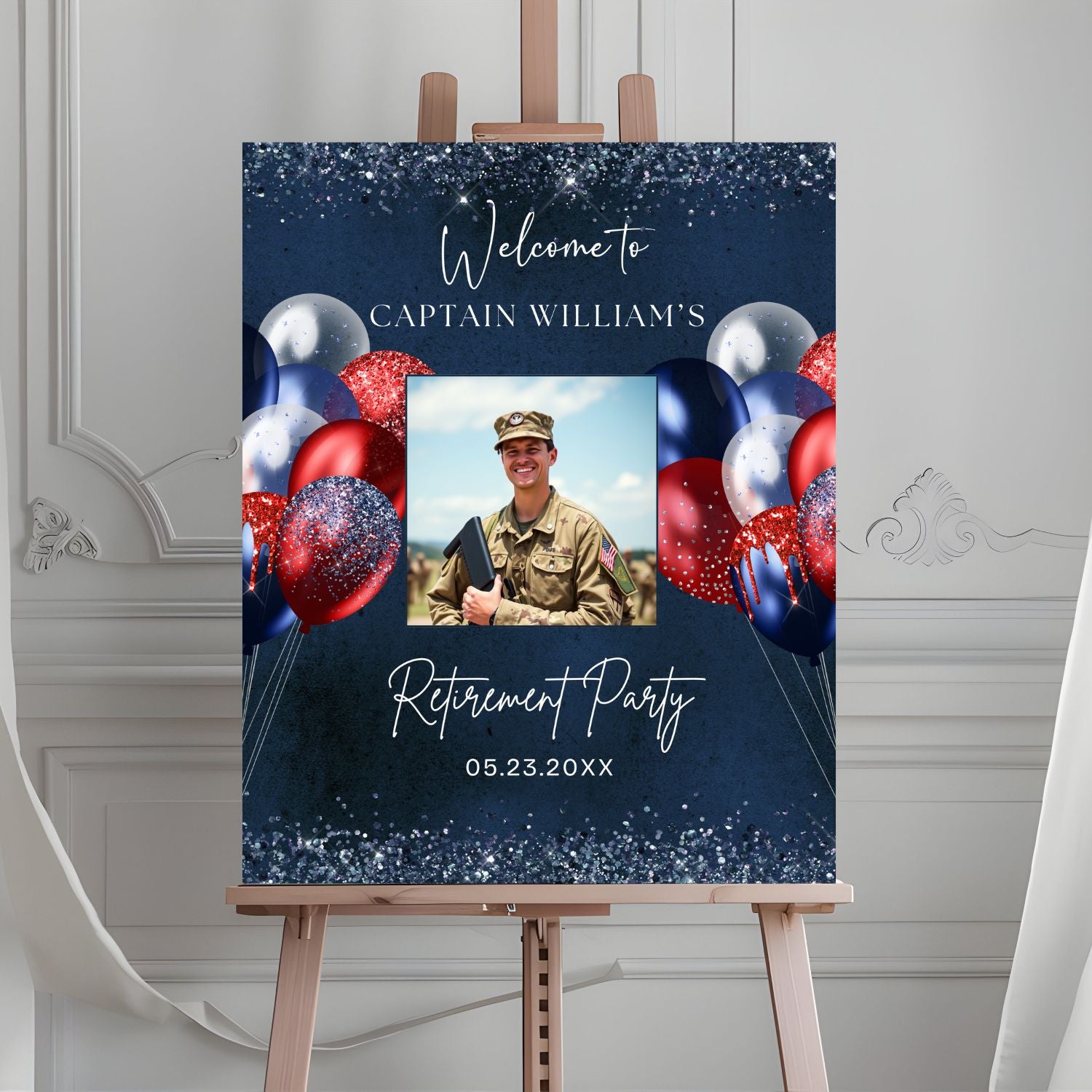 Editable Navy Red Retirement Party Welcome Sign Template