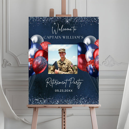 Editable Navy Red Retirement Party Welcome Sign Template