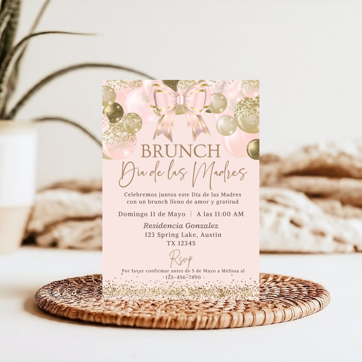 Editable Spanish Brunch Invite with Gold Balloons