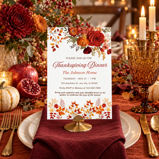 Elegant Fall Embroidered effect Thanksgiving Invitation